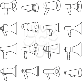 Megaphone, announcement, loudspeaker, thin line vector icons. Linear speaker for radio broadcasting illustration