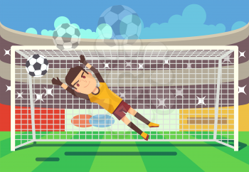 Soccer, football goalkeeper catching ball in goal vector illustration. Sport player on stadium