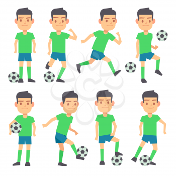 Soccer, football players playing ball set of vector flat characters. Forward defender and midfielder illustration