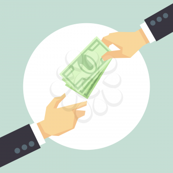 Hand giving money. Donation, charity, payment vector concept. Corruption and donate concept, help cash illustration
