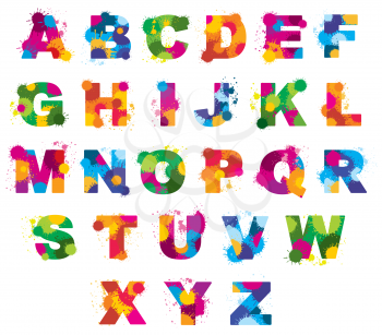 Letters alphabet painted by color splashes vector font. Abc watercolor illustration