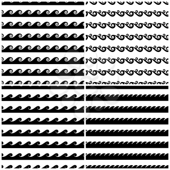 Set of swils and waves seamless patterns in black white. Monochrome banckground illustration