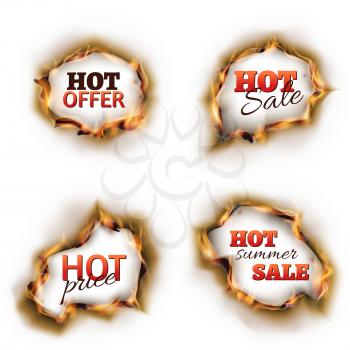 Hot summer sale fire advertisement burnt hole elements set. Hot offer and price . Vector illustration