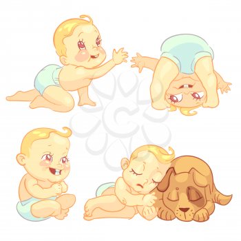 Cute baby in diaper vector character set. Happy toddler playing, crawl and sleep with dog illustration