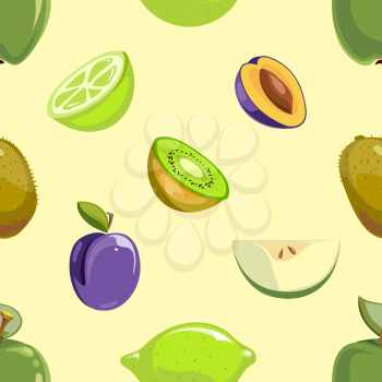 Green and blue fruits seamless pattern over white background. Kiwi and plum, vector illustration