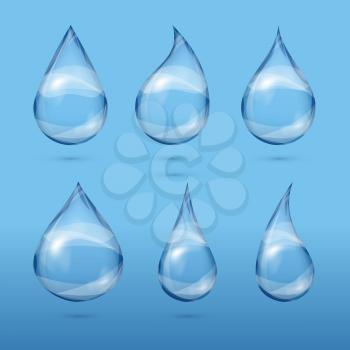 Set of realistic transparent water drops. Fresh droplet clear, vector illustration