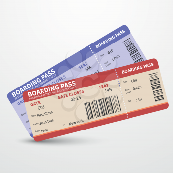 Airline boarding pass tickets to plane for travel journey pr holiday. Vector illustration