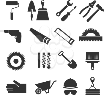 Construction tools vector black icons set. Hammer and screwdriver illustration