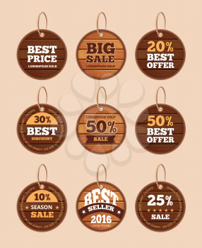 Wooden sale discount vector vintage badges, banners, stickers, labels set. Tag with special offer and discount illustration