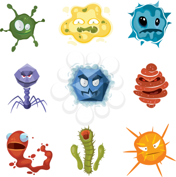 Vector cartoon ugly viruses characters, monster flu microbes set. Ugly microorganism collection illustration