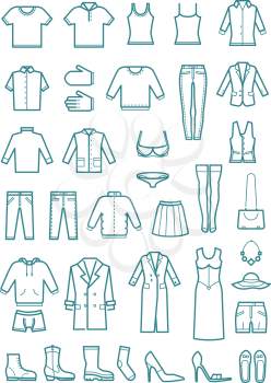 Mens and womens clothes thin line vector icons. Shoes and skirt, jeans and fashion garment illustration