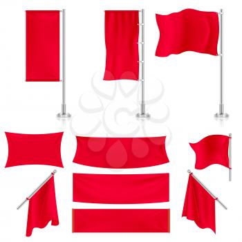 Realistic red advertising fabric textile banners and flags vector set. Horizontal pennant stretch illustration