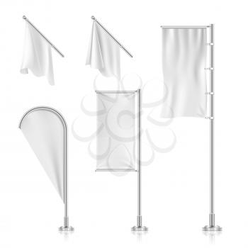 White blank flags, banners, advertising beach teardrop bow flags vector collection. Frame from canvas for advertisement and promotion illustration