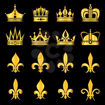 Crowns in gold black. Ornate decoration set elements. Vector illustration
