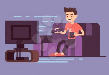 Man watching TV and drinking coffee on sofa in home room interior vector illustration. Man on sofa watch tv, illustration of male in room with tv screen