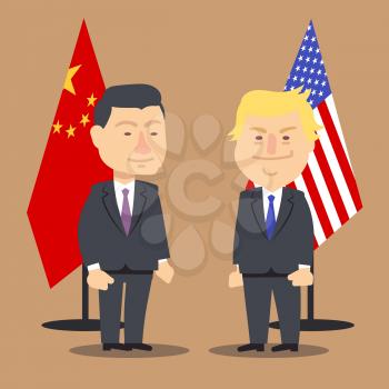 Xi Jinping and Donald Trump standing together with china and usa flags. Vector illustration, cartoon political caricature. National country president xi jinping and donald trump cooperation