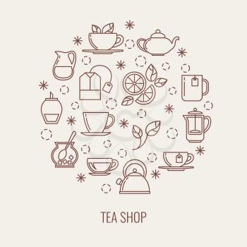 Tea thin line vector icons set in a circle. Outline tea icons concept illustration