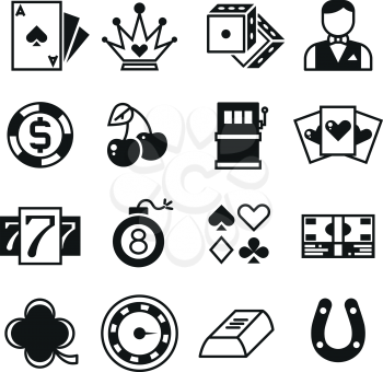 Lottery, roulette, casino, slot machine, gambling vector icons. Casino icons set, dice and blackjack, casino gambling collection game illustration