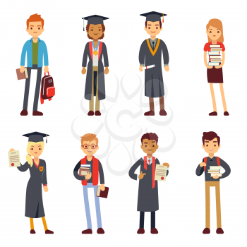 Happy students and graduates young learning people vector characters. Students graduation college or university, illustration of young student in cap