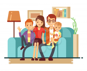 Smiling young happy family on sofa. Man, woman and their children in living room vector illustration. Parents with children sitting on sofa