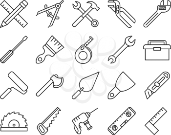 Mechanical tools line vector icons. Linear tools ax and spanner illustration