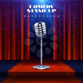 Comedy Stand up vector background with retro microphone on stage and red curtain. Stand up show performance illustration of comedy concert poster