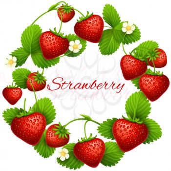 Juicy strawberry vector frame wreath. Health dessert eating strawberries background. Fruit red strawberry, illustration of wreath ripe fruits