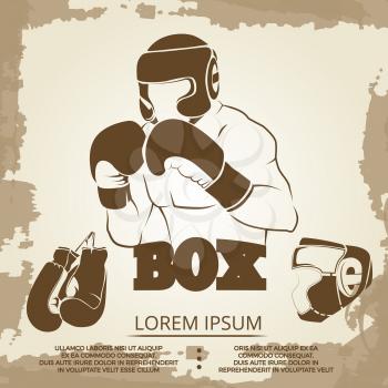 Vintage sport poster design - grunge box banner with athlete, helmet and boxing gloves. Vector illustration