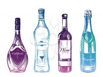 Colorful hand drawn alcohol drinks isolated on white background. Glass of bottle color. Vector illustration