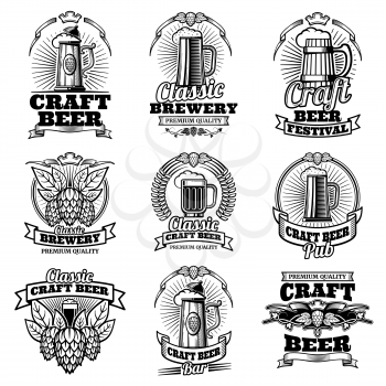 Retro beer pub vector emblems. Vintage traditional brewing labels. Alcohol emblem beer, label of festival beer illustration