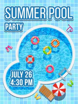 Top view nobody swimming pool with blue water. Vector design for party invitation. Summer pool party banner illustration