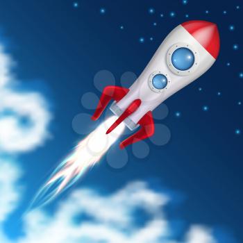 Space rocket take off. Science spaceship launch with blast fire vector illustration. Ship launch to space, spacecraft or rocket flight
