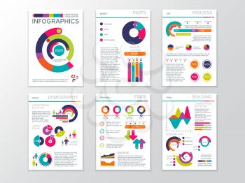 Modern business presentation documents with graphics and infographic charts. Corporate marketing vector template brochure pages. Documents with color graphic for presentation illustration