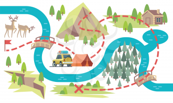 Trail map. Tourists hiking footpath from start to finish with camping location and flag. Tourist route map vector illustration. Travel adventure trail, mountain and forest hiking route