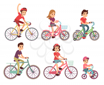 People riding bike. Flat cyclist on bicycles vector set. Sport family activity bike illustration