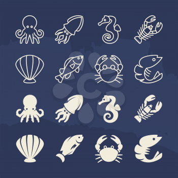 Seafood linear and silhouette icons set on grunge background. Vector seafood fish and octopus, underwater animals and shellfish illustration