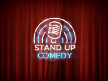Stand up comedy neon sign with microphone and red curtain vector background. Comedy show stand up, microphone and entertainment illustration