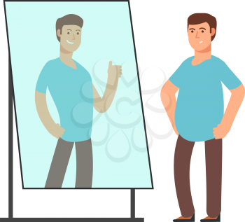 Fat man looking on strong and thin person reflection in mirror. Fitness goals vector concept. Man standing in mirror with overweight illustration