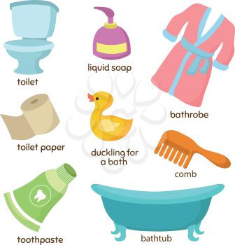 Cartoon bathroom vector equipments. Toilet, sink and bathtub. Illustration of bath and toothpaste, comb and toilet paper