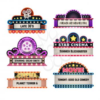 American motel and movie retro signs with light frame. Vintage casino billboards vector set. Illustration of neon billboard and signboard