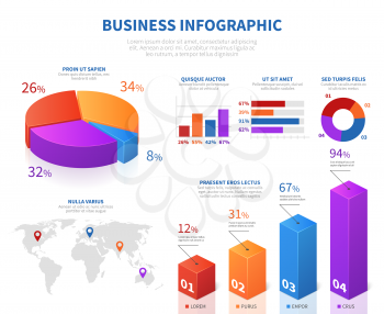 Business abstract infographics with 3d pie info char and graph bar. Business chart and diagram report info, infochart layout. Vector illustration