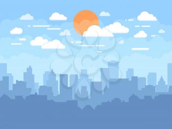 Flat cityscape with blue sky, white clouds and sun. Modern city skyline flat panoramic vector background. Urban city tower skyline illustration