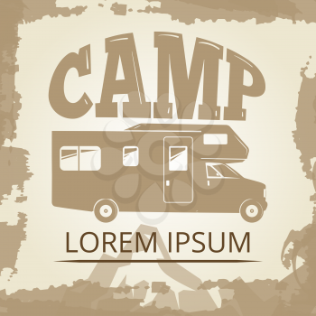 Vintage poster or label with camping bus. Banner with camp bus. Vector illustration