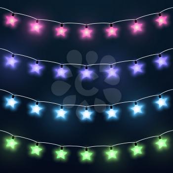 Set of colorful star garlands. Holiday decoration garland, vector illustration