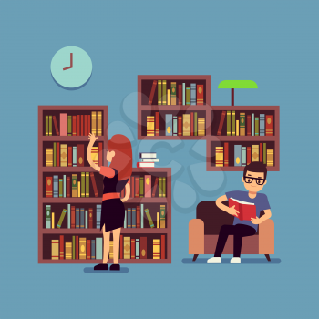 Young couple reading books - flat library or living room concept. Guy and girl read book in home, vector illustration