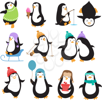Funny christmas penguins vector characters. Set of penguin animal with ice cream and fishing illustration