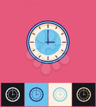 Clock icon. Flat vector illustration on different colored backgrounds. Blue simple clock