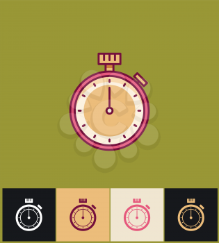 Clock icon. Flat vector illustration on different colored backgrounds. Pink simple stopwatch isolated