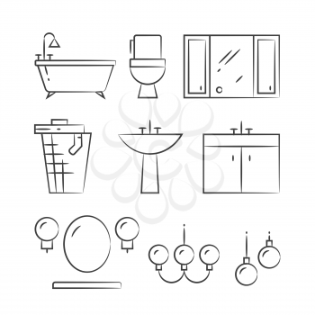 Bathroom furniture and lighting hand drawn line icons. Shower and bath, vector illustration