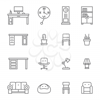 Work room furniture and accessories thin line icons. Collection of linear furniture. Vector illustration